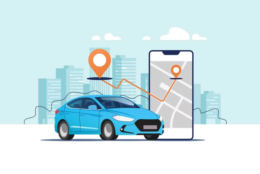 Car parked on a street with a phone showing its location on a map, illustrating vehicle GPS tracking