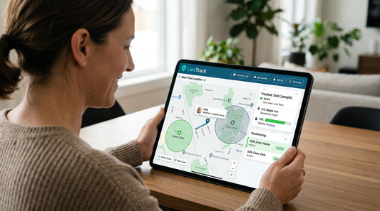 Professional GPS tracker app interface showing real-time location tracking with interactive map, geofencing zones, and battery status