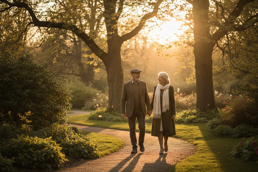 An elderly couple walking together through a park in warm afternoon light