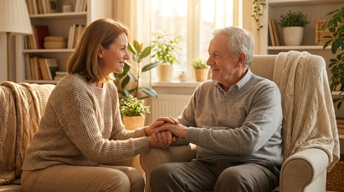 A caregiver sitting beside an older adult, holding their hand during a calm conversation at home