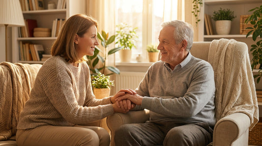 A caregiver sitting beside an older adult, holding their hand during a calm conversation at home