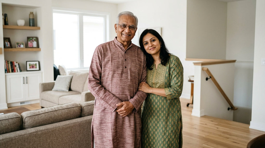 An older adult supported by a family member at home, illustrating fall prevention and senior safety